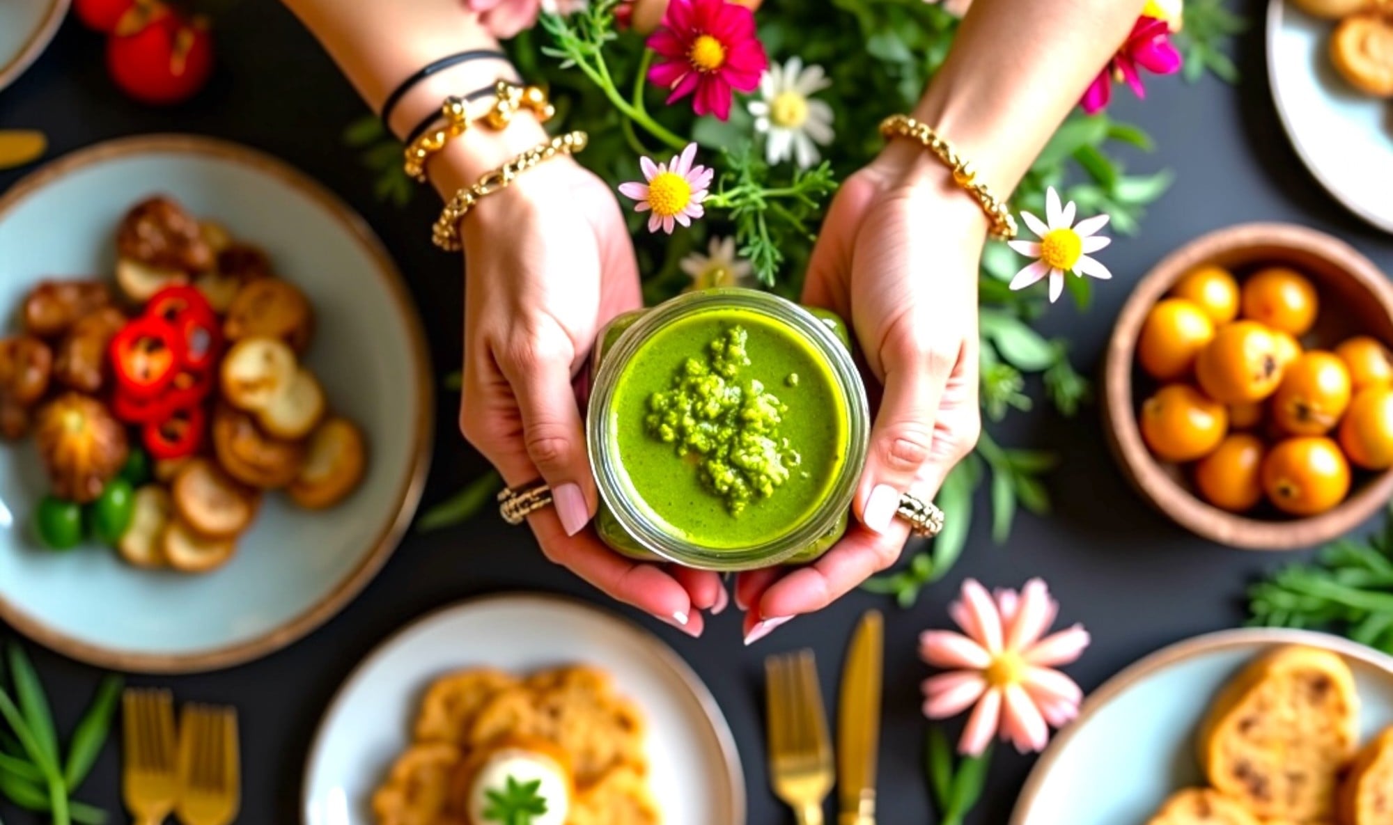 A pair of hands holding a jar of vibrant green sauce, surrounded by colorful dishes and flowers on a dark tabletop.