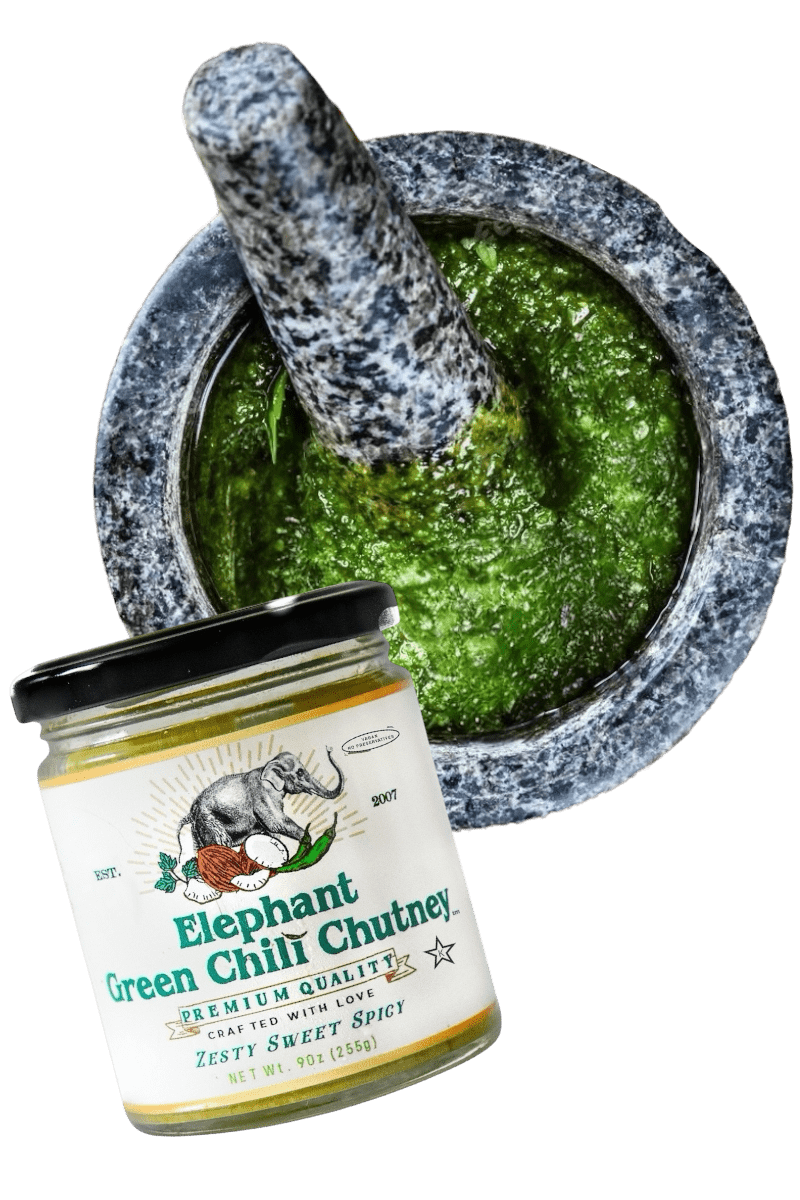 Jar of Elephant Green Chili Chutney with Mortar and Pestle